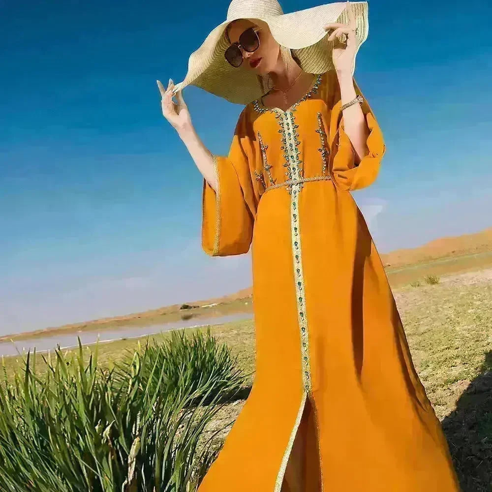 Luxury Hand-stitched Diamond Sleeve Dress Middle East Dubai Abaya Dress Fancy Summer Abaya Turkey Embellished Abaya dress - EX-STOCK CANADA