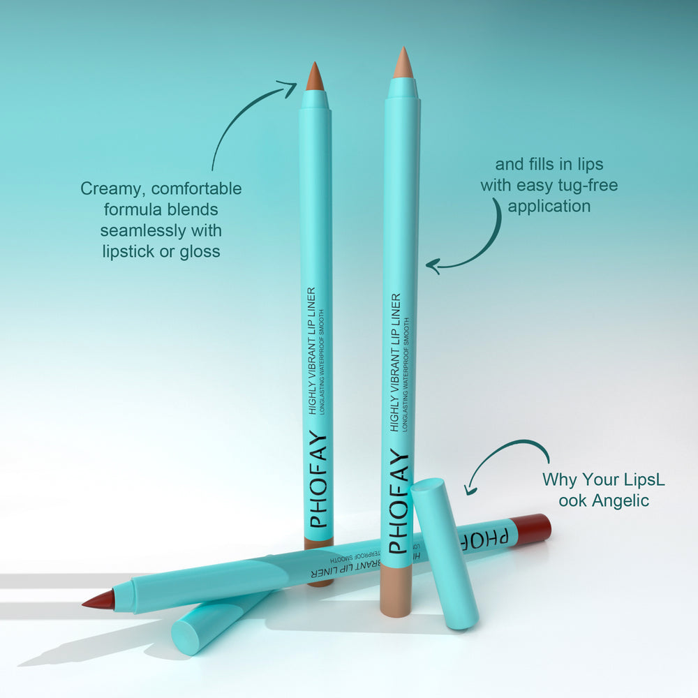 PHOFAY lip liner pencils on a light blue background with text describing features.