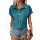 Lapel Shoulder Pleated Pocket Short Sleeve Top Shirt T-shirt Women - EX-STOCK Canada