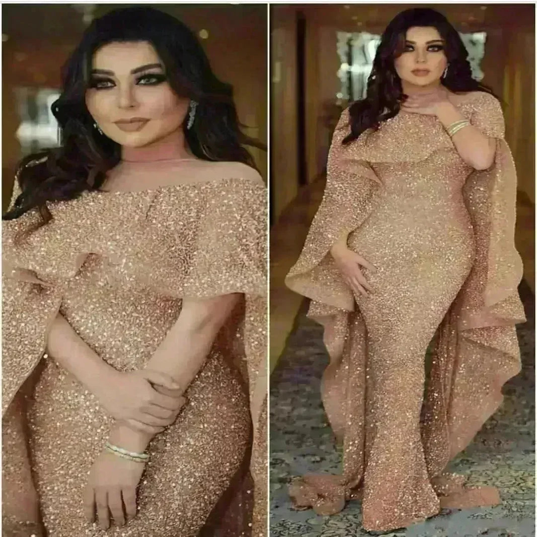 American and European Shawl Style Long Dress Champagne Sequined dress for Evening Night party Dinner party wedding party Cocktail party - EX-STOCK CANADA