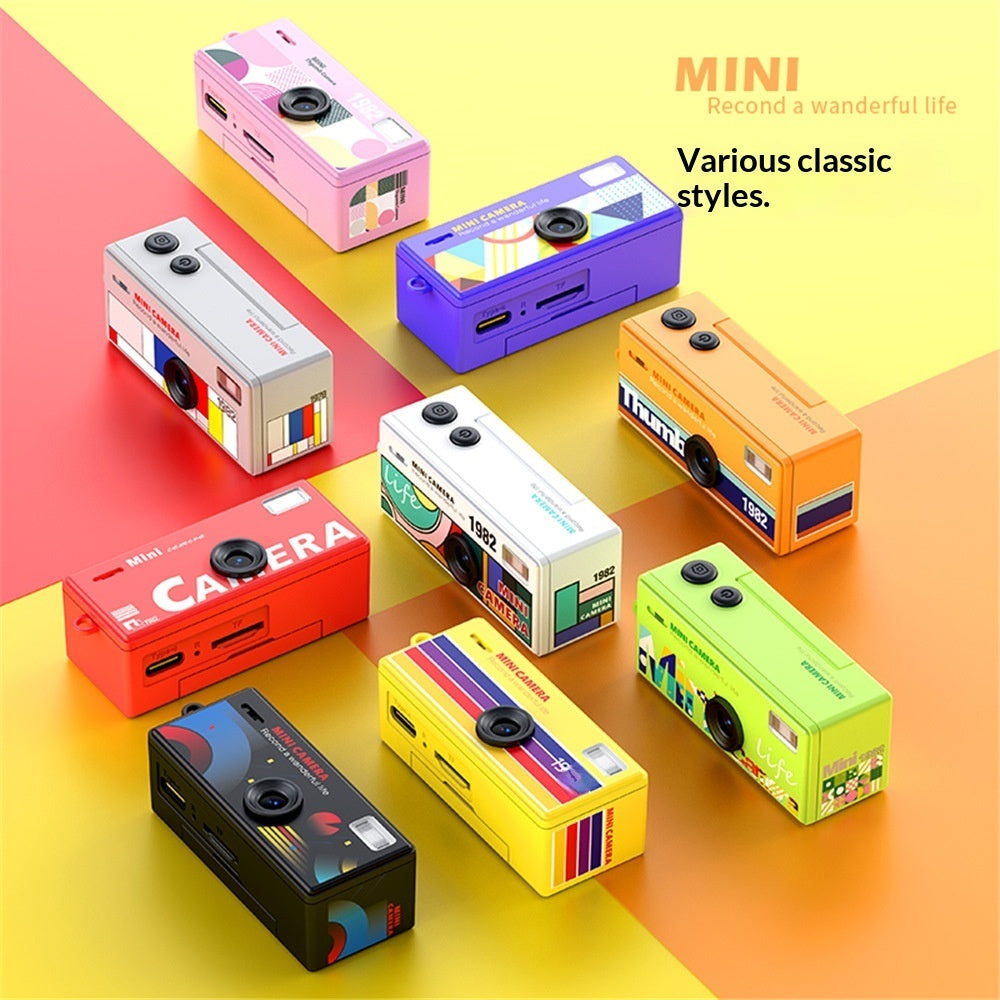 Colorful mini cameras on a multicolored background with 'MINI' branding.