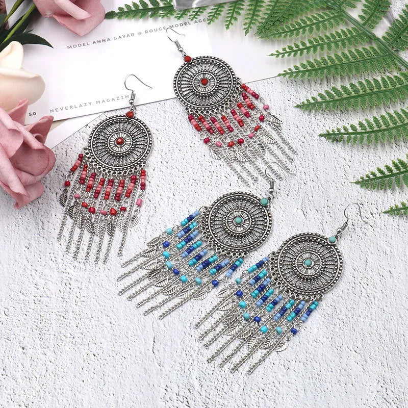 Beaded fringed hollow earrings - EX-STOCK CANADA