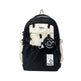Black and white backpack with decorative elements on a white background