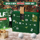 Green golf-themed advent calendar with golf balls and gift box on a festive background