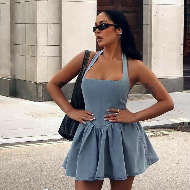 Women sleeveless Sling Waist jeans Denim Dress Backless halter neck flared mini dress - EX-STOCK CANADA