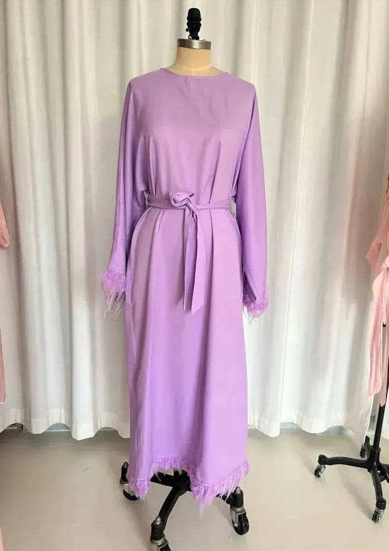 Feather Long Sleeve Middle East Arabic Elegant Round Neck Dress - EX-STOCK Canada