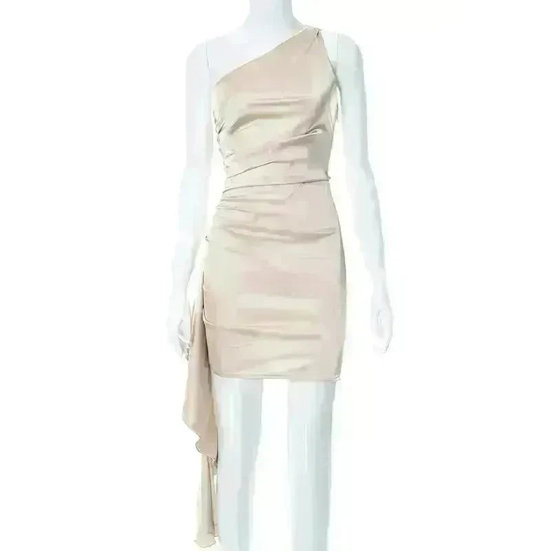 One-shoulder Sleeveless Mini Dress Charming Slim Backless Party Wedding Satin Dresses Womens Clothing - EX-STOCK CANADA