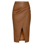 Women Formal Work Office Business High Waist Front Slit Midi Leather Skirt - EX-STOCK Canada