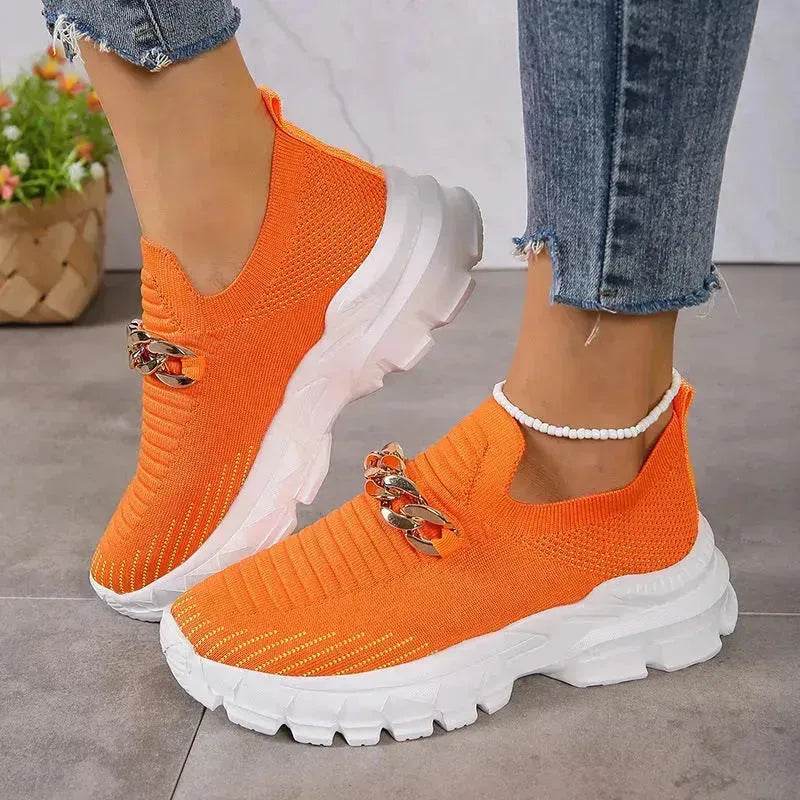 Fashion Chain Design Mesh Shoes For Women Breathable Casual Soft Sole Walking Sock Slip On Flat Chunky Sneakers Shoes for Women - EX-STOCK Canada