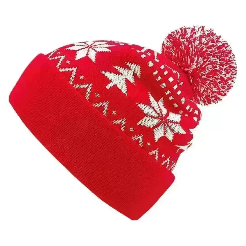 Jacquard Christmas Fluffy Ball Cap Thermal Head Cover Knitted Hat - EX-STOCK CANADA