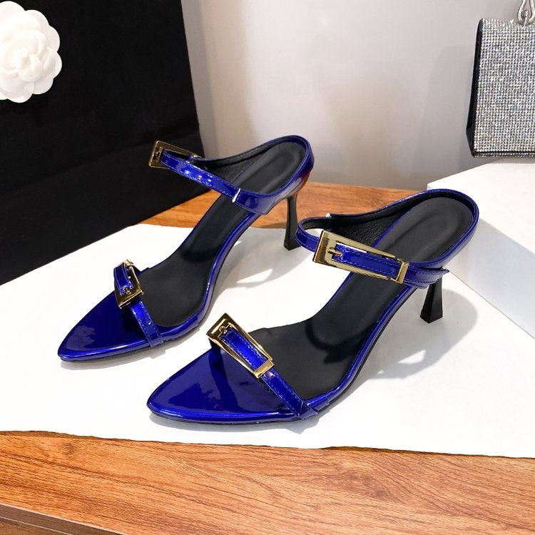 French Style Metal Buckle Pointed Toe Stiletto Sandals For Women 