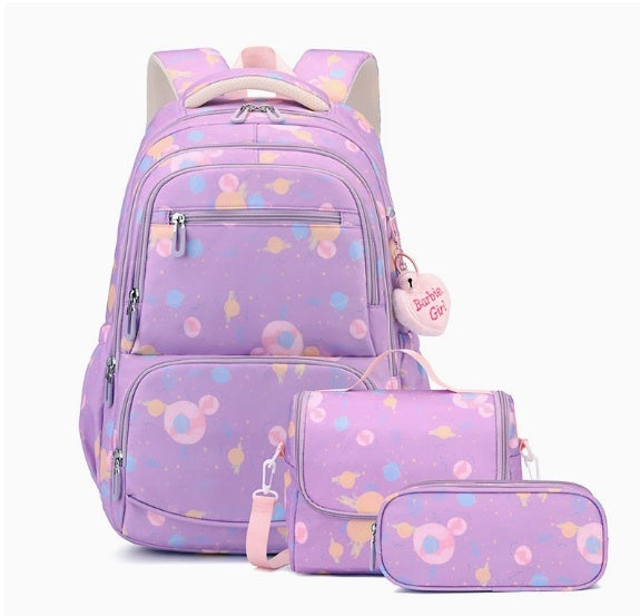 A pastel purple backpack set with matching pouches, featuring a cute cartoon space and animal print. The set includes a large backpack, a small shoulder bag, and a pencil case, all with matching pink straps and a heart-shaped 'Double A Girl' tag.