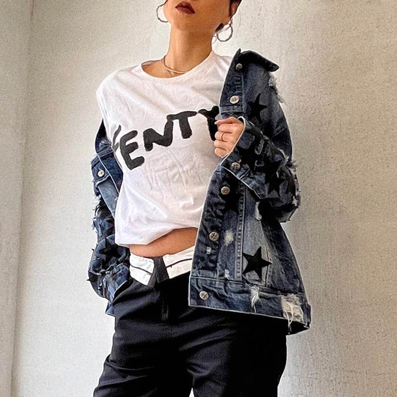 Lapel Star Patch Shredded Single Breasted Denim Jacket For Women - EX-STOCK Canada