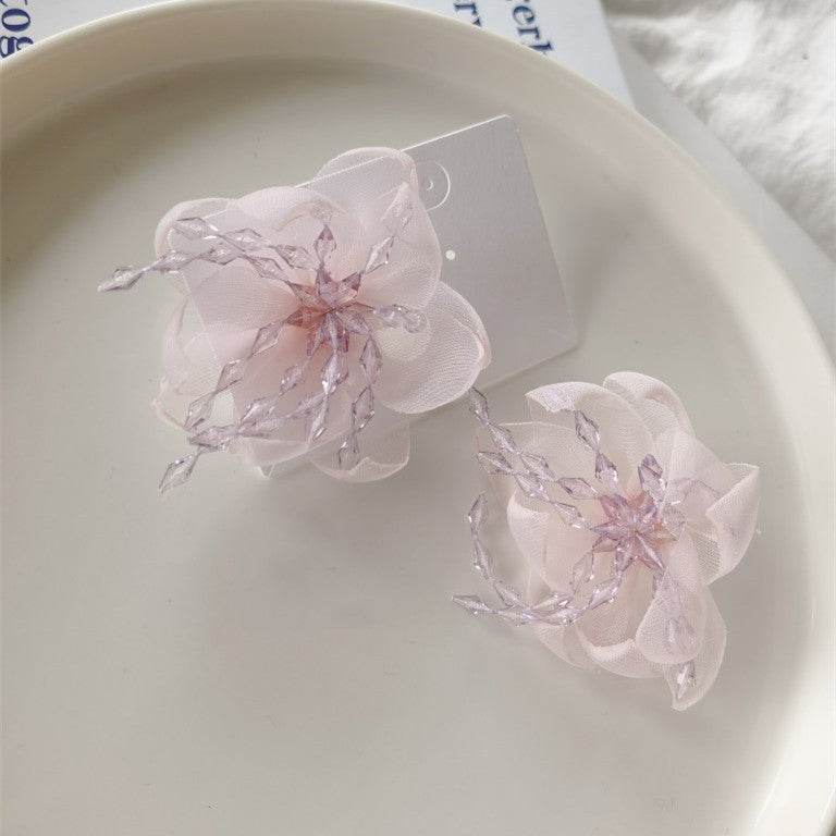 Temperament Flower Sweet Tulle Beaded Exaggerated Earrings - EX-STOCK Canada