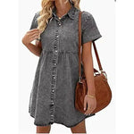 European And American Washed Denim Lapel Ruffled Denim Dress Jeans Flared dress Casual Denim mini dress - EX-STOCK Canada