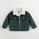 Green corduroy jacket with white sherpa lining on a light gray background