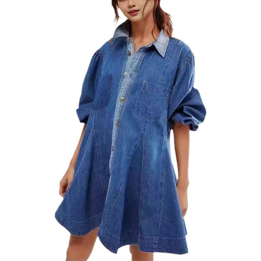 Women's Long Lantern Sleeve Button Denim Dress - EX-STOCK Canada