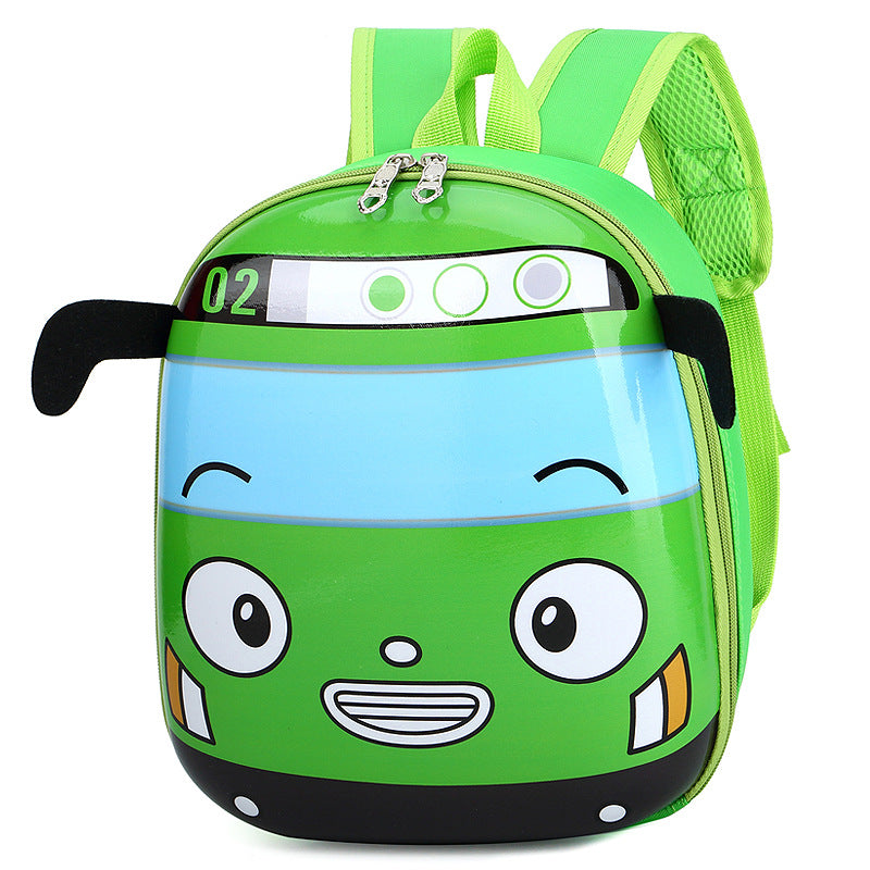 Green cartoon car-shaped backpack on a white background
