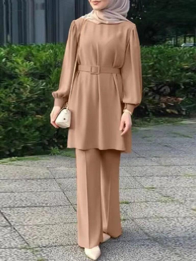 Middle East Muslim Round Neck Long Sleeve Belt Elastic Waist Top And Trousers Suit - EX-STOCK Canada
