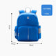 Blue backpack with dimensions and weight information on a white background
