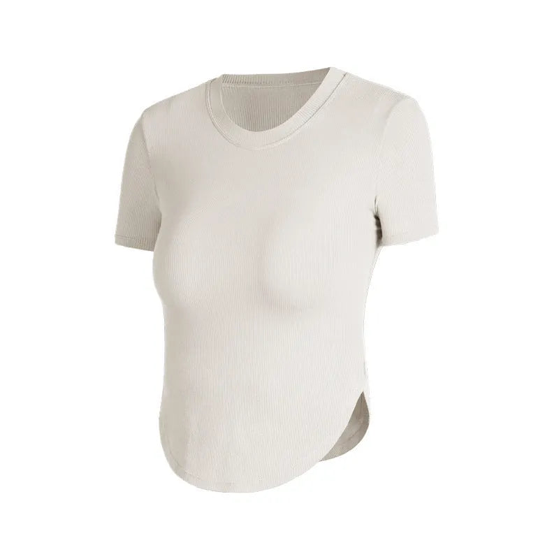 Rib Sports Short-sleeved Blouse With Chest Pad Workout Clothes Running T-shirt Beauty Back Tight - EX-STOCK CANADA
