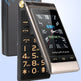 Flip phone with digital clock display on a light blue background