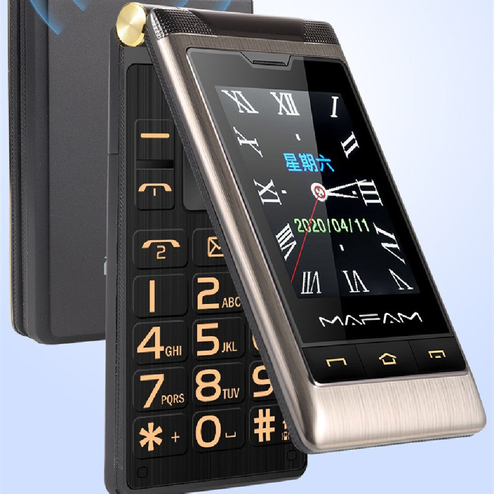 Flip phone with digital clock display on a light blue background