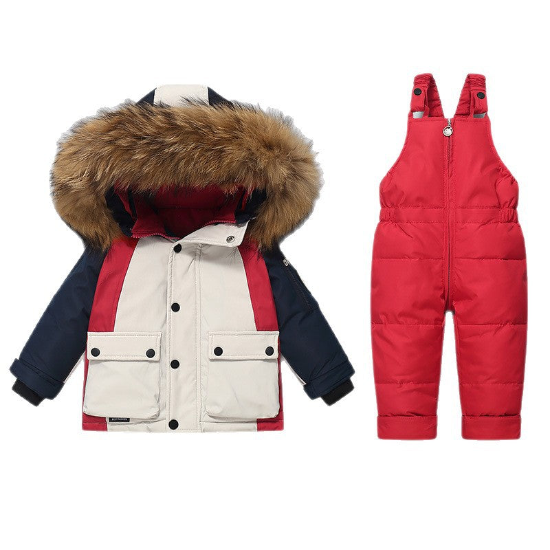 Red Kids Thickened Down Jacket & Bib Overalls Two-Piece Winter Set | Boys Girls Snowsuit