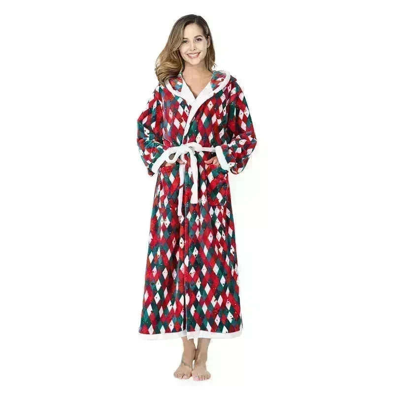 Christmas Sleepwear Women Fleece Hooded Bathrobe Plush Long Robe Winter - EX-STOCK CANADA