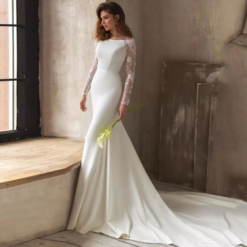 Satin Lace Long-Sleeve Wedding Dress, White & Ivory, US0–26W