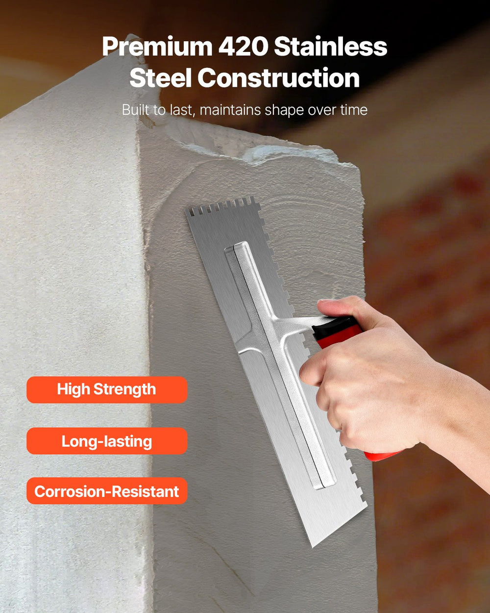 Outils pour carrelage, truelle à carreaux et sols en acier inoxydable à encoche carrée, outil de cloison sèche de qualité professionnelle 10,9 x 4,4 pouces, poignée confortable en caoutchouc ergonomique, pour appliquer, étaler, aplanir, lisser, polirEX-STOCK Canada 