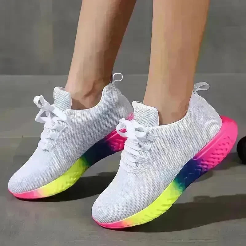 Lace-up Mesh Shoes With Rainbow Sole Design Fashion Walking Running Sports Shoes Sneakers For Women - EX-STOCK CANADA