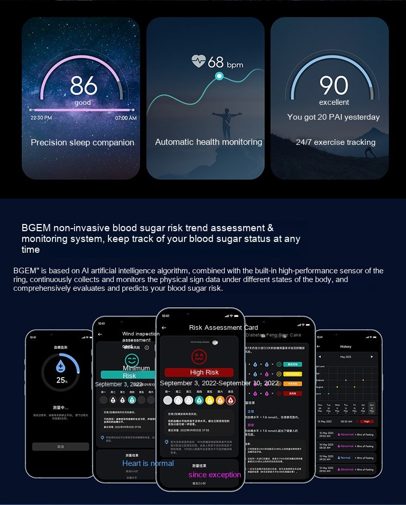 Smart device interface with health monitoring features and smartphone app screens on a dark background