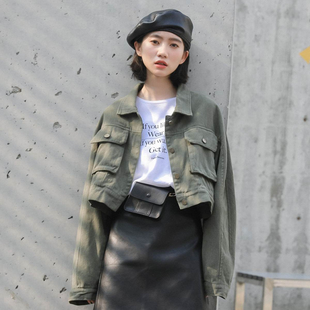 Single Breasted Long Sleeve Cargo Crop Denim Jacket Women - EX-STOCK Canada