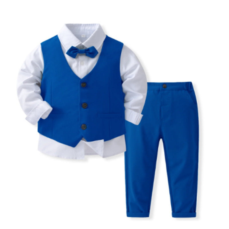 Blue vest, shirt, and pants set on a white background
