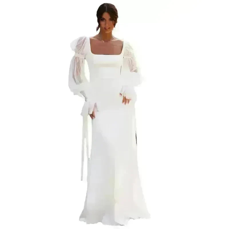 Women's Ruffled Long Sleeve Banquet Temperament High Waist Mop White Wedding  Party Fish Tail Styled  Dress Mermaid Dress - EX-STOCK CANADA