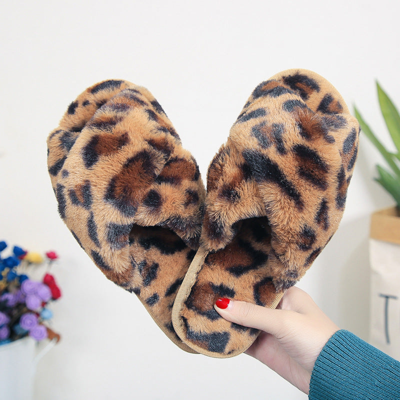 Cross-strap Fuzzy Slippers Leopard Plush House Shoes Flat Bedroom Slippers Slippers For Women EX-STOCK Canada 