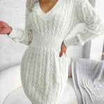 Solid Color V-Neck Long Sleeve Slim fit Winter Knit Mini  sweater Dress Slim - EX-STOCK CANADA