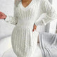 Solid Color V-Neck Long Sleeve Slim fit Winter Knit Mini  sweater Dress Slim - EX-STOCK CANADA