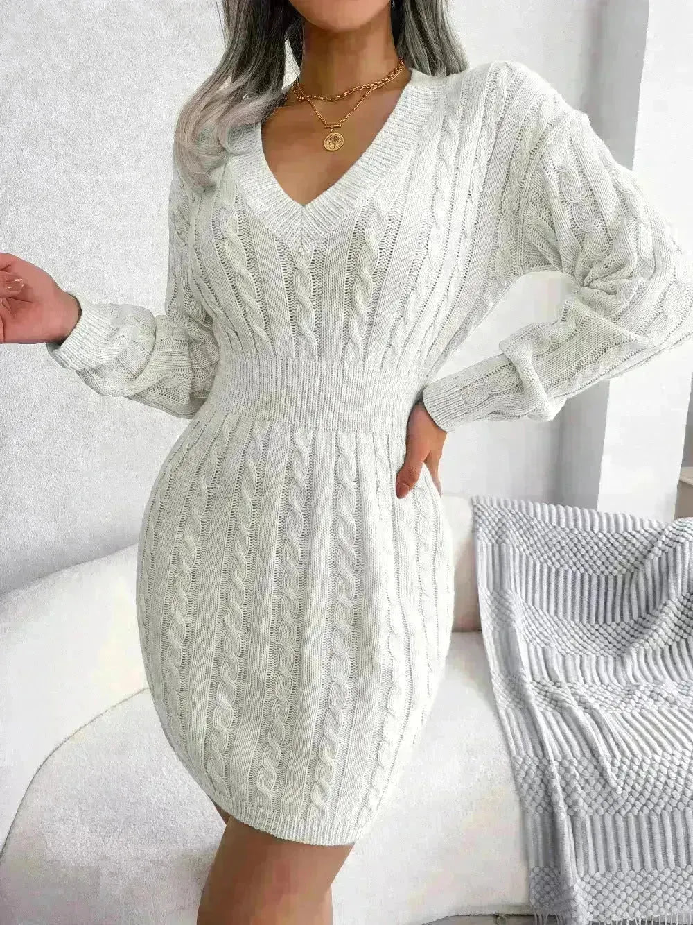 Solid Color V-Neck Long Sleeve Slim fit Winter Knit Mini  sweater Dress Slim - EX-STOCK CANADA