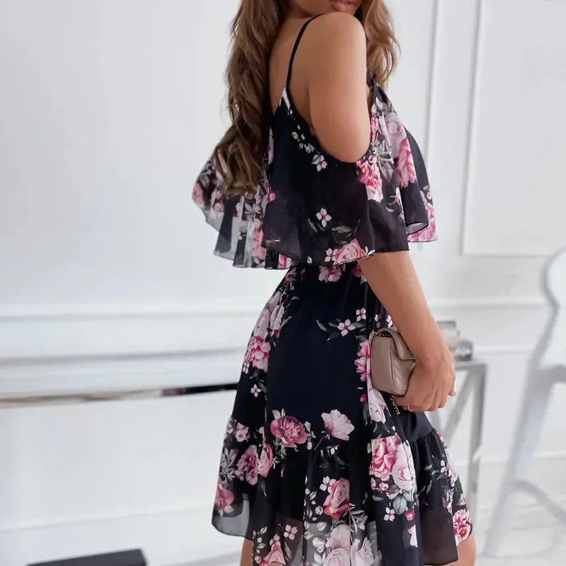 Flower Printed Ruffled Suspender Dress Summer Off-the-shoulder Strap Dresses Women - EX-STOCK CANADA