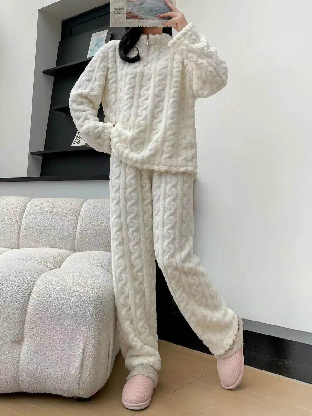 Autumn And Winter New Twist Zipper Couple Fleece-lined Thick Coral Fleece Pajamas Homewear Loungewear Sleepwear For Sleeping - EX-STOCK Canada