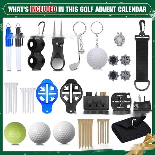 Golf-themed items including golf balls, tees, and accessories on a green background with text 'What's Included in this Golf Advent Calendar'.