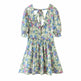 Women Summer Green Floral Chiffon Dresses Holiday Puff Short Sleeve V-Neck Back Lace Up Design Wrap One Piece Dress - EX-STOCK CANADA
