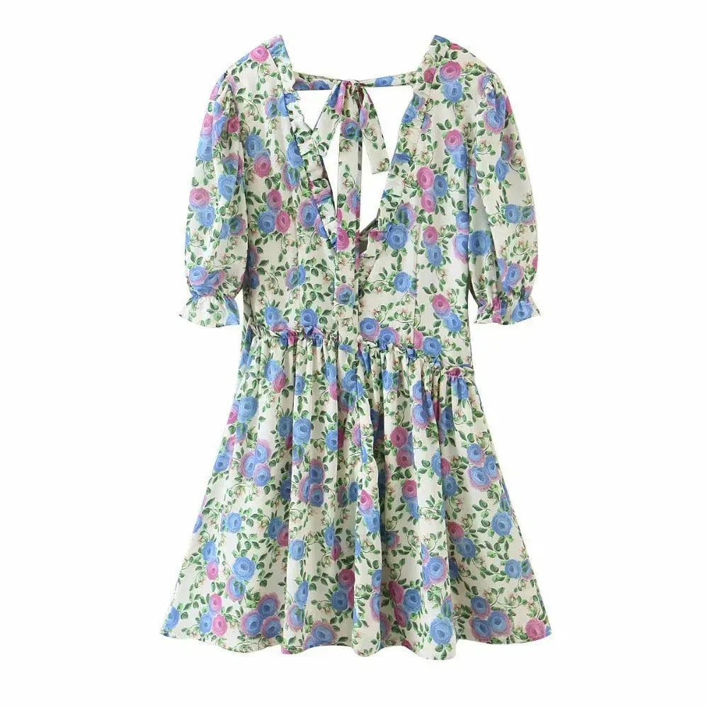 Women Summer Green Floral Chiffon Dresses Holiday Puff Short Sleeve V-Neck Back Lace Up Design Wrap One Piece Dress - EX-STOCK CANADA