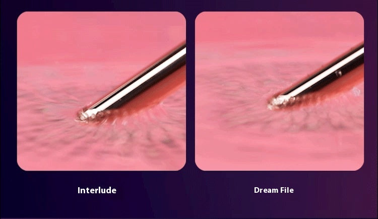 Two close-up images of a metallic object on a pink background with 'Interlude' and 'Dream File' labels.