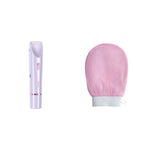 Purple hair removal device with pink mitt on a white background