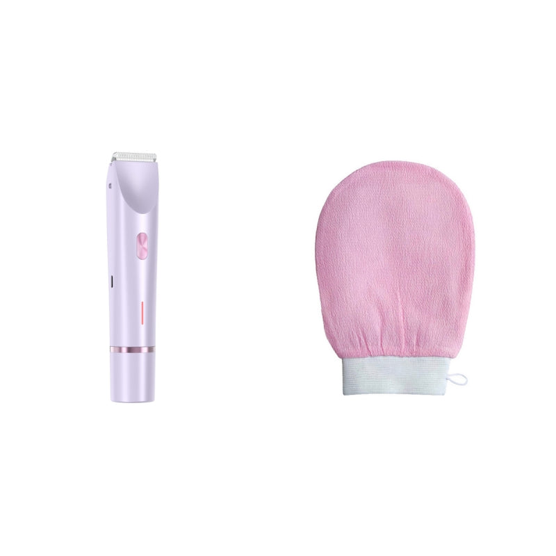 Purple hair removal device with pink mitt on a white background