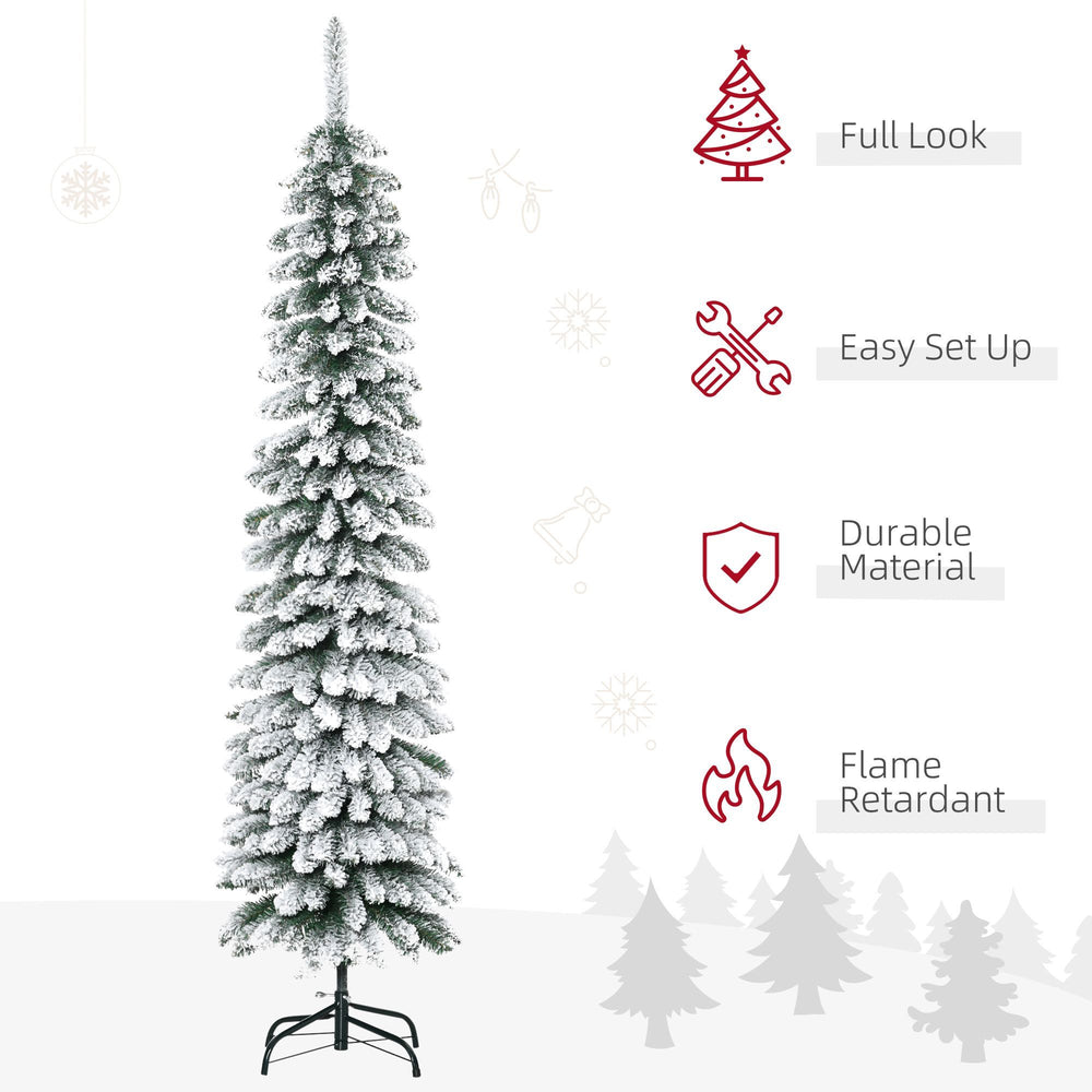 6 Ft Snow-Flocked Artificial Christmas Tree, Slim Pencil Xmas Tree With Realistic Branches, Metal Base, Green EX-STOCK Canada 