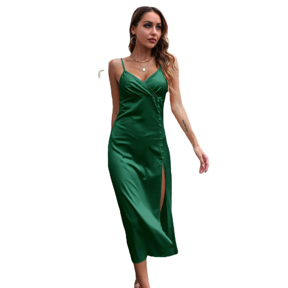 Women's Breasted Satin silk V-neck Spaghetti strap Backless Midi Dress cocktail split dress - EX-STOCK Canada